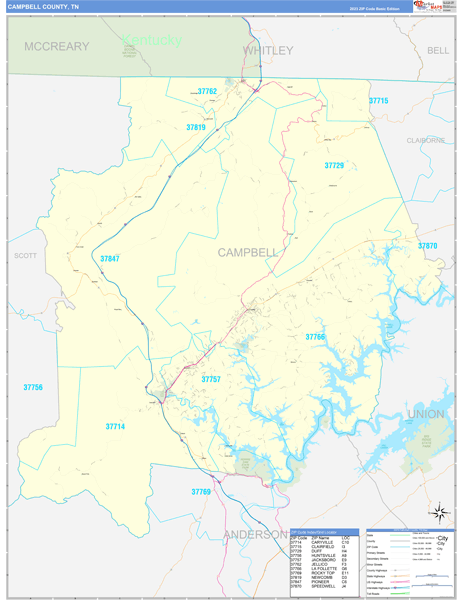 Campbell County, TN Wall Map Basic Style