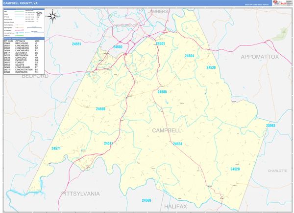 Campbell County, VA Wall Map Basic Style