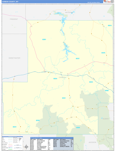 Carbon County, WY Zip Code Wall Map