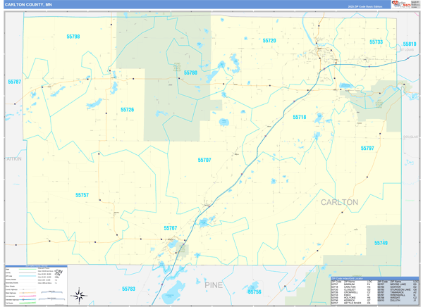Carlton County, MN Zip Code Wall Map