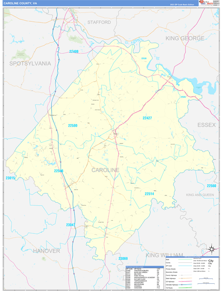 Caroline County, VA Zip Code Wall Map