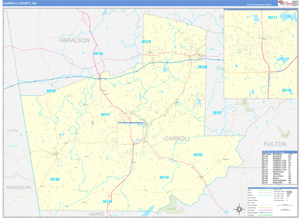 Carroll County, GA Zip Code Wall Map