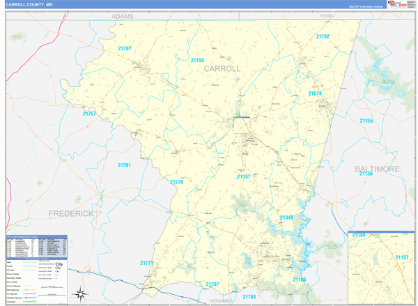 Carroll County, MD Zip Code Wall Map Basic Style by MarketMAPS - MapSales