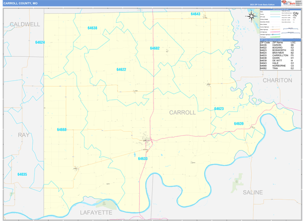 Carroll County, MO Zip Code Wall Map