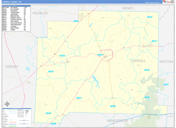 Carroll County, TN Zip Code Wall Map