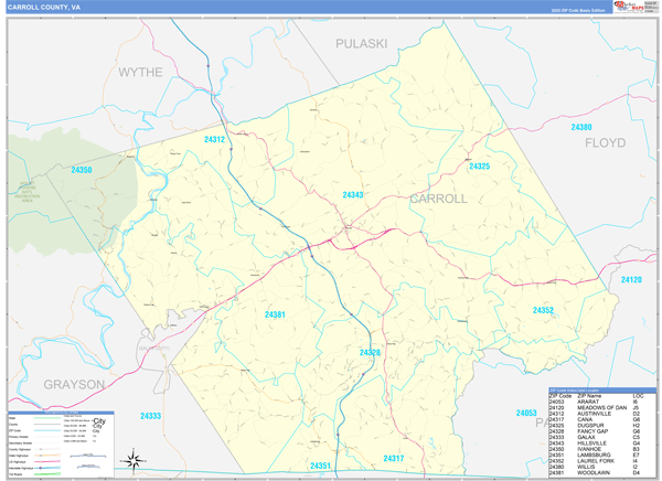 Carroll County, VA Wall Map Basic Style