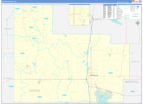 Carter County, OK Zip Code Wall Map