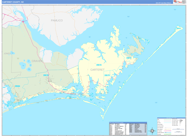 Carteret County Wall Map Basic Style