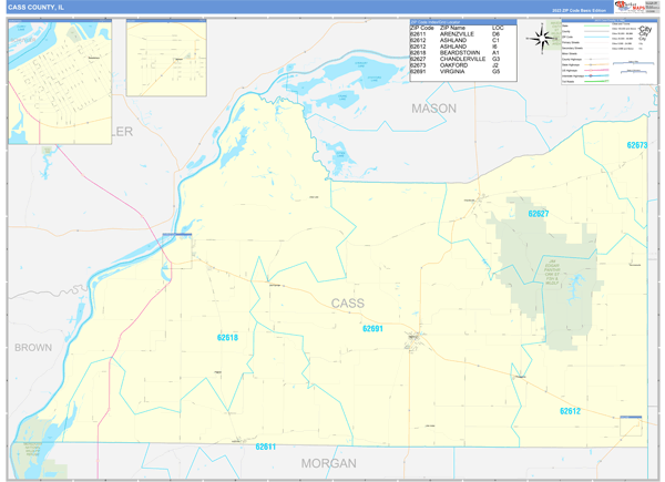 Cass County, IL Zip Code Wall Map