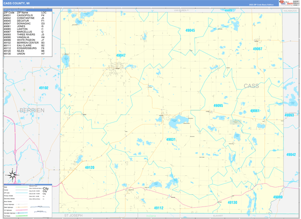 Cass County, MI Zip Code Wall Map