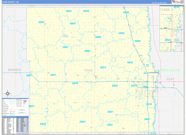 Cass County, ND Zip Code Wall Map