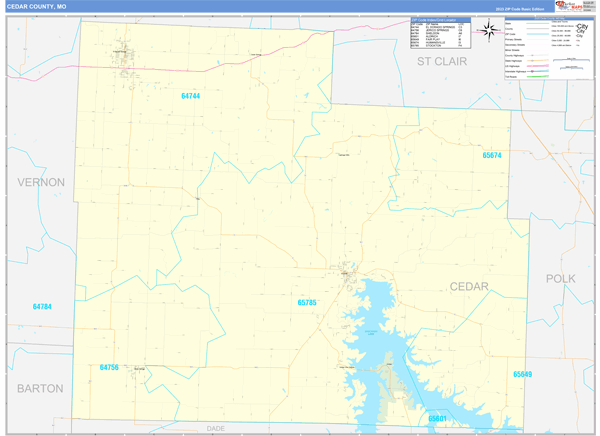 Cedar County, MO Wall Map Basic Style