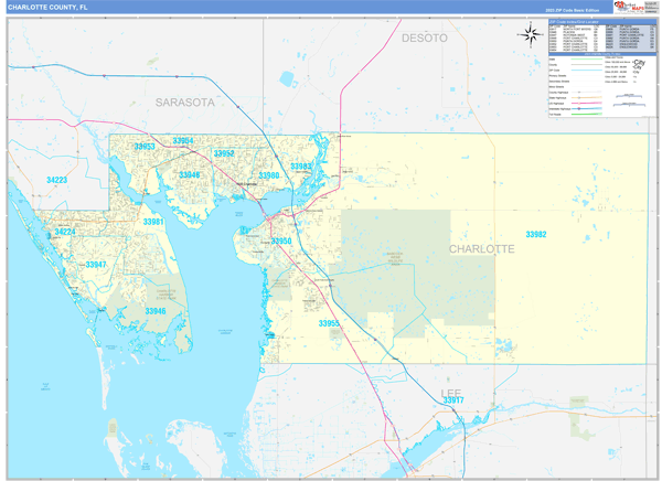 Charlotte County, FL Zip Code Wall Map Basic Style by MarketMAPS