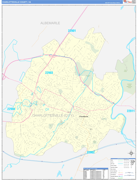Charlottesville County, VA Zip Code Wall Map