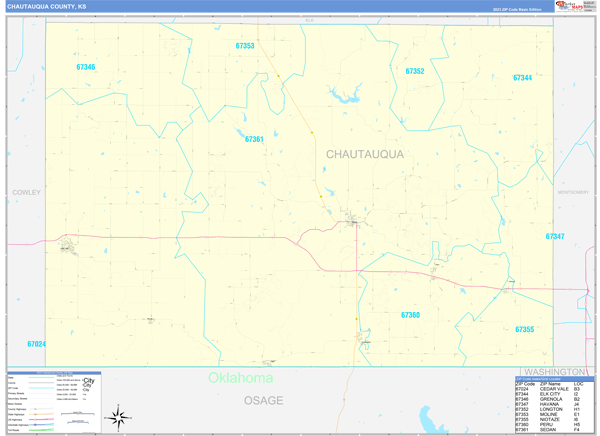 Chautauqua County, KS Zip Code Wall Map