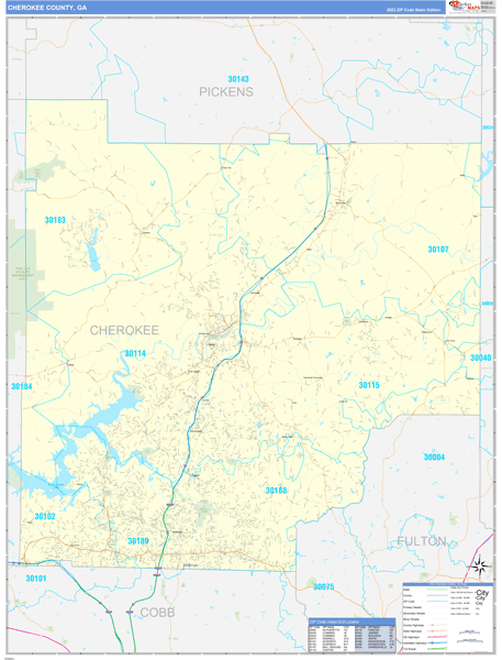 Cherokee County Zip Code Map Cherokee County, GA Zip Code Wall Map Basic Style by MarketMAPS