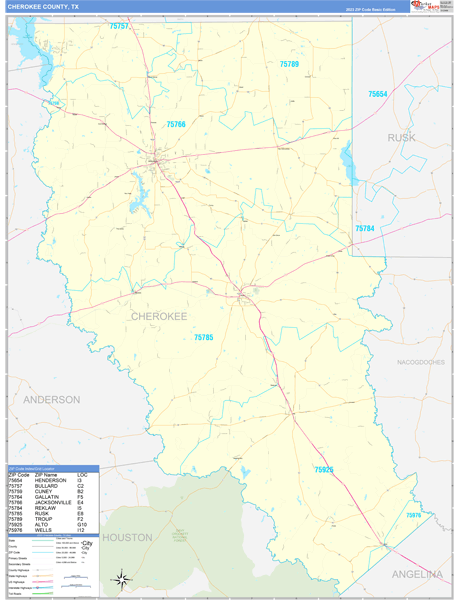Cherokee County, TX Wall Map Basic Style