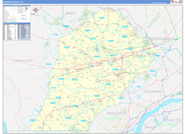 Chester County, PA Zip Code Wall Map