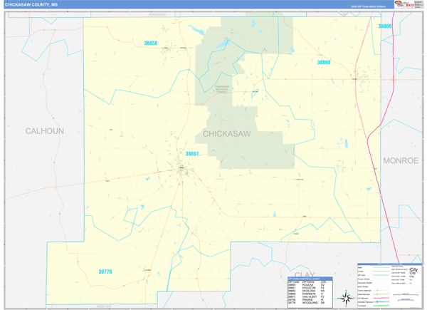Chickasaw County, MS Zip Code Wall Map