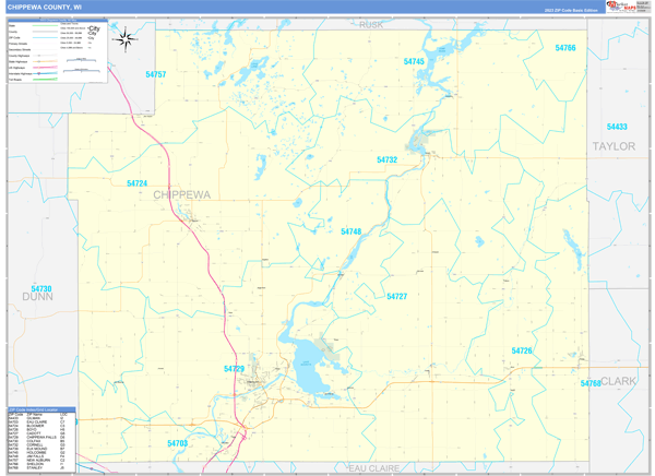 Chippewa County, WI Zip Code Wall Map
