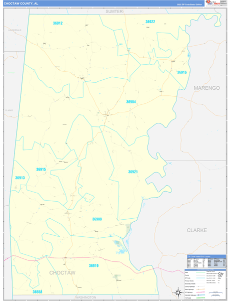 Choctaw County Wall Map Basic Style
