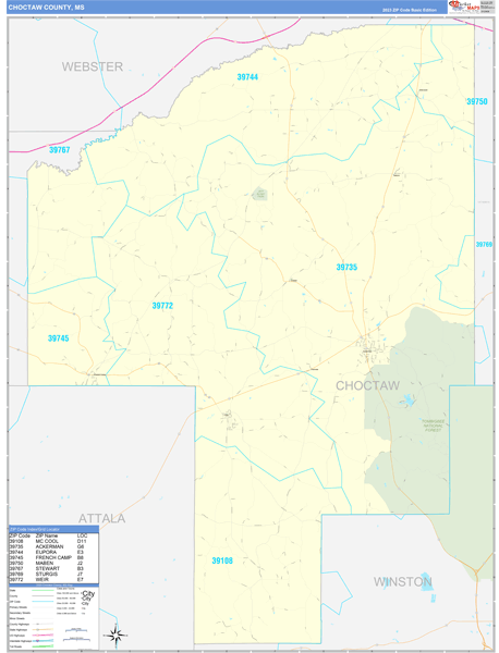 Choctaw County, MS Zip Code Wall Map