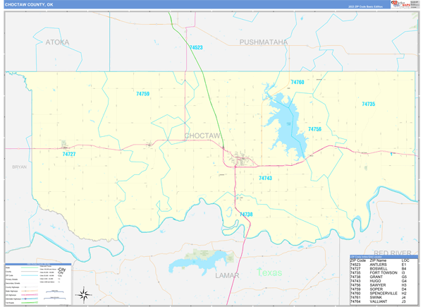 Choctaw County, OK Zip Code Wall Map