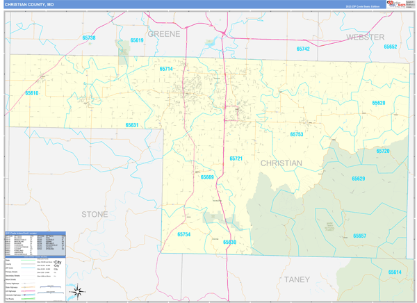 Christian County, MO Wall Map Basic Style