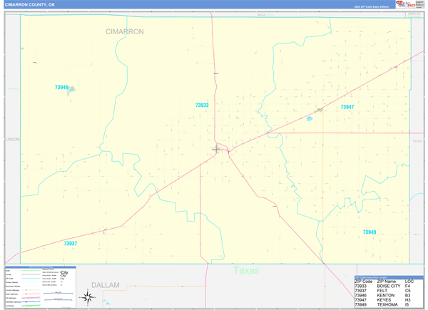 Cimarron County, OK Zip Code Wall Map