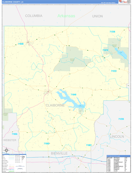 Claiborne Parish (County), LA Zip Code Wall Map