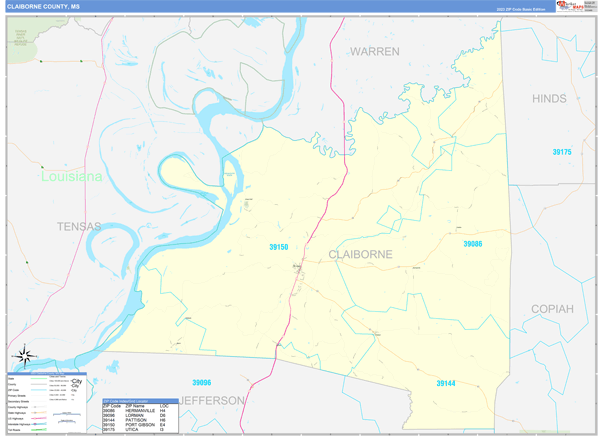 Claiborne County, MS Zip Code Wall Map