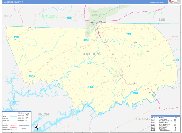 Claiborne County, TN Zip Code Wall Map Basic Style by MarketMAPS - MapSales