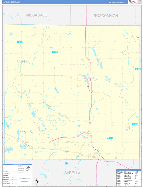 Clare County, MI Carrier Route Wall Map