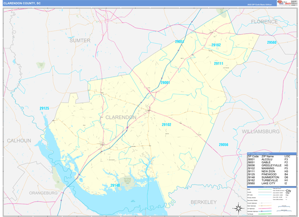Clarendon County, SC Zip Code Wall Map