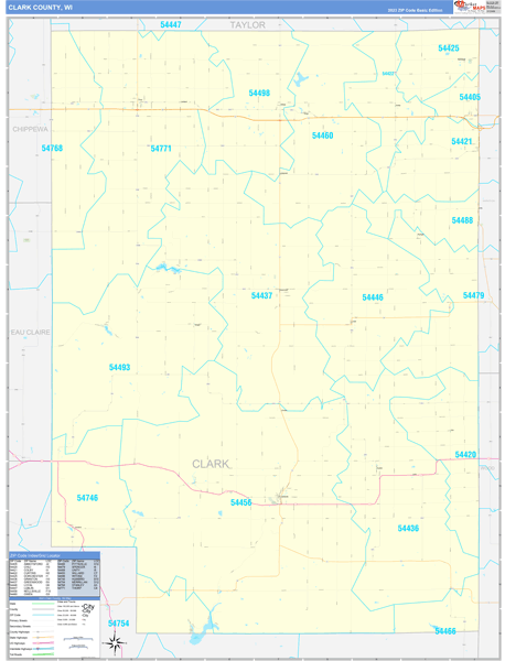 Clark County, WI Zip Code Wall Map