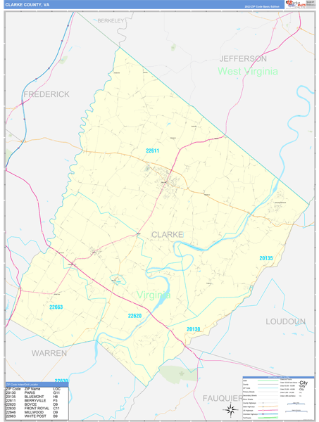 Clarke County, VA Wall Map Basic Style