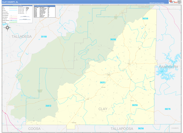 Clay County, AL Zip Code Wall Map