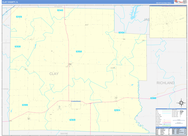 Clay County, IL Wall Map Basic Style