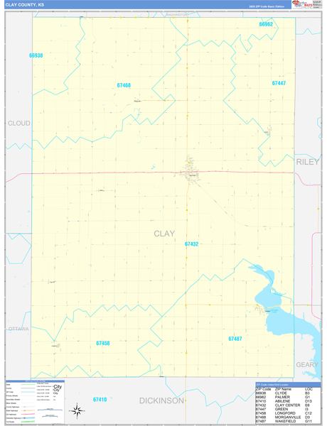 Clay County, KS Wall Map Basic Style