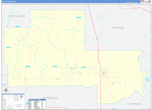 Clay County, MS Wall Map Basic Style