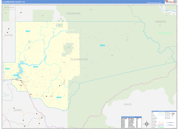 Clearwater County, ID Zip Code Wall Map Basic Style by MarketMAPS