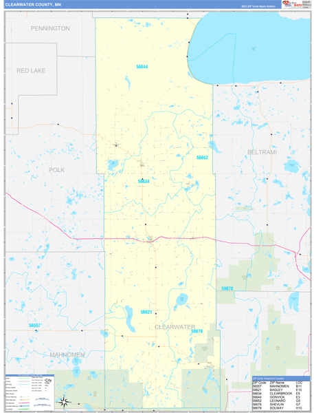 Clearwater County, MN Zip Code Wall Map Basic Style by MarketMAPS