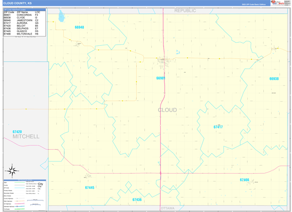 Cloud County, KS Wall Map Basic Style