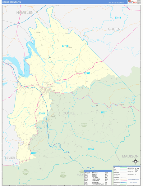 Cocke County, TN Wall Map Basic Style
