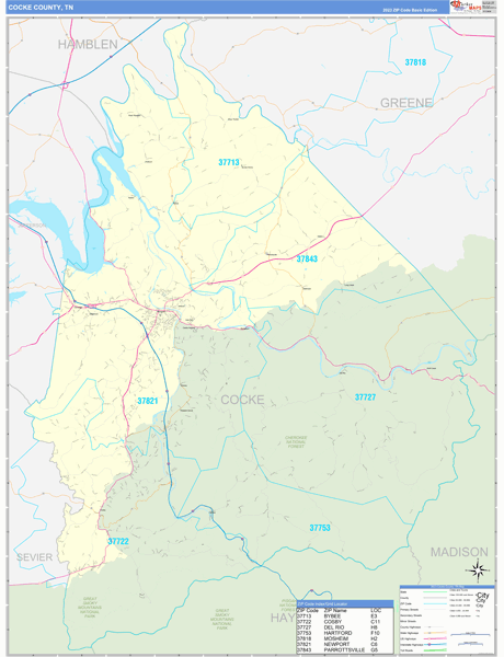 Cocke County TN Zip Code Wall Map Basic Style By MarketMAPS MapSales