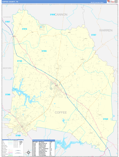 Coffee County, TN Wall Map Basic Style