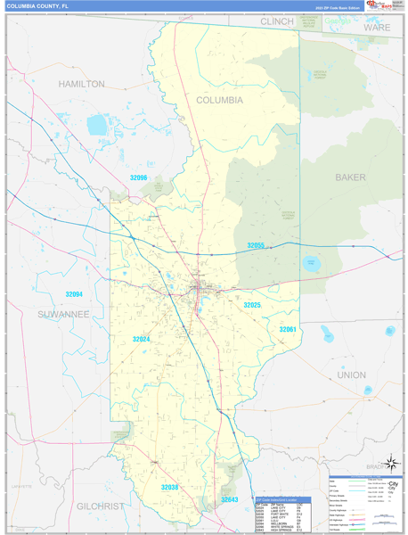 Columbia County Wall Map Basic Style