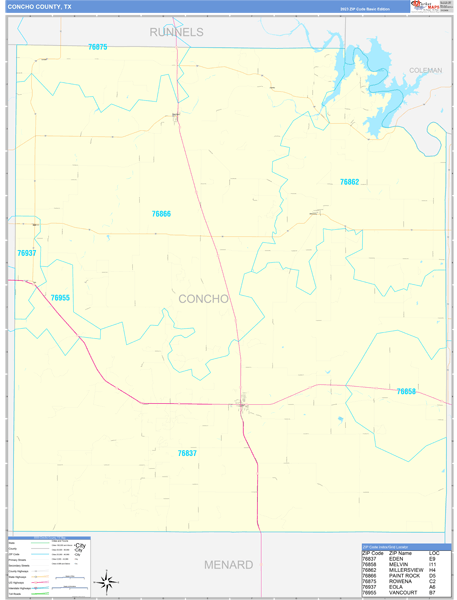 Concho County, TX Zip Code Map