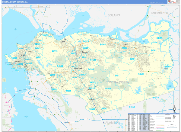 contra costa county map city boundaries Contra Costa County Ca Zip Code Wall Map Basic Style By Marketmaps contra costa county map city boundaries