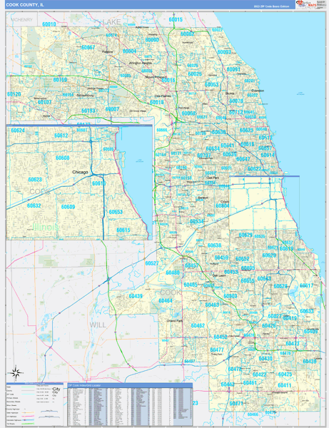 Cook County, IL Zip Code Wall Map